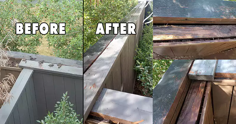 Critter waste cleanup before and after Critter waste cleanup before and after on top of a backyard fence. Work performed by Scoop le Poop.