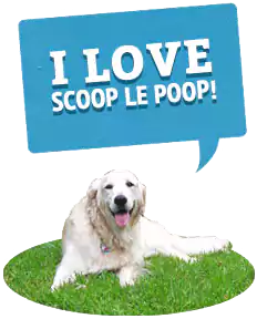 slp-dog-services Dog waste removal graphic with a golden retriever laying on grass and a speech bubble saying "I love Scoop le Poop".