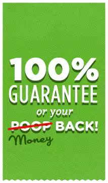 Scoop le Poop guarantee banner in green Scoop le Poop 100% guarantee badge in green