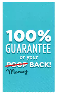 Scoop le Poop guarantee banner in blue Scoop le Poop 100% guarantee badge in blue