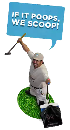 Employee with work tools Scoop le Poop employee with waste specialist tools and a speech bubble saying company slogan, "If is poops, we scoop"